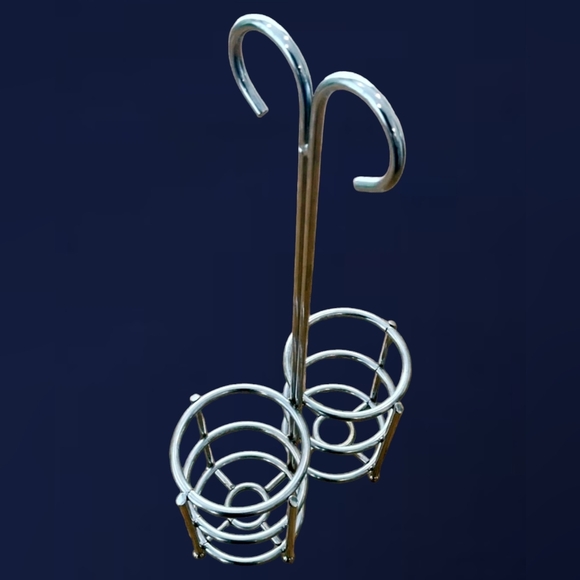 VINTAGE STAINLESS STEEL OIL AND VINEGAR CADDY WITH 2 VENTED CRUET BOTTLE POURERS - Picture 3 of 4